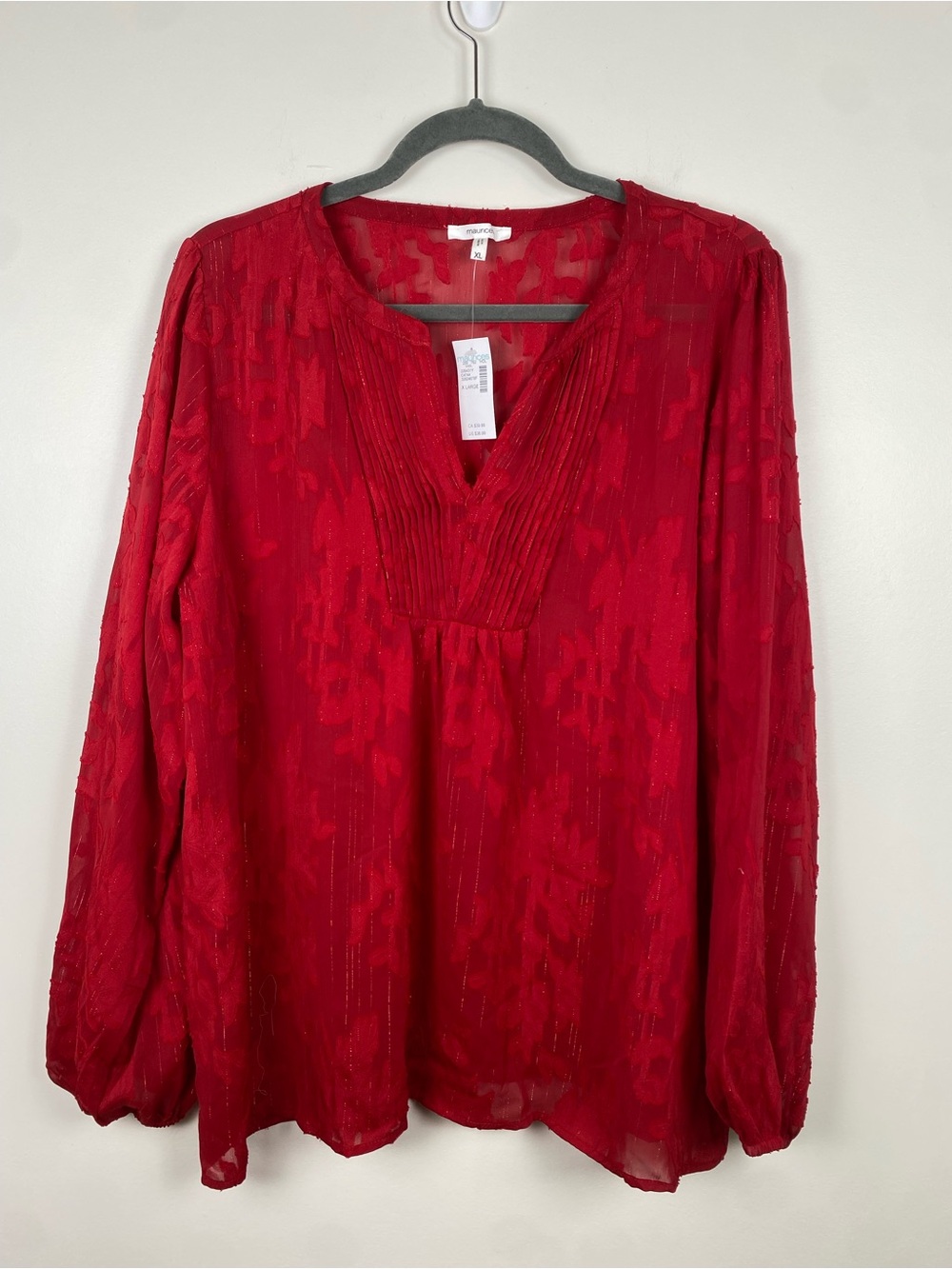 NWT Maurice's Red Textured V-Neck Long-Sleeve Women’s Top XL